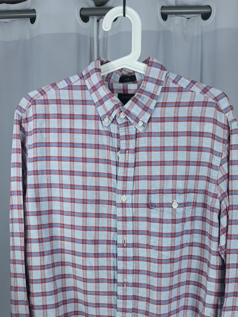J. Crew Men’s Light Blue and Red Plaid Button-Down linen + cotton Shirt